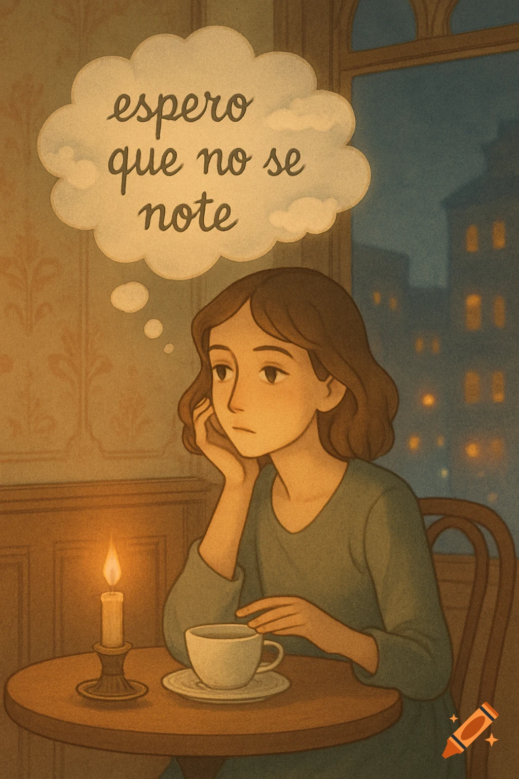 A pensive woman at a table with a candle and tea. A thought bubble says 'espero que no se note' in an illustrative style.