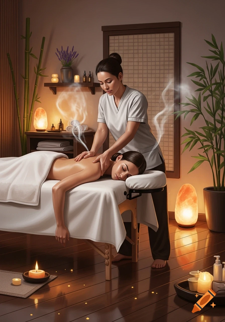 A woman receives a deep tissue massage on a table in a dimly lit, serene spa room with candles and plants. Photorealistic style.