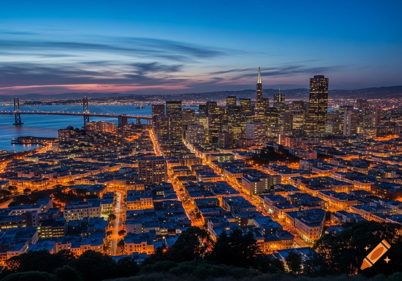 Aerial view of the San Francisco skyline and Bay Bridge illuminated at dusk with numerous city lights.