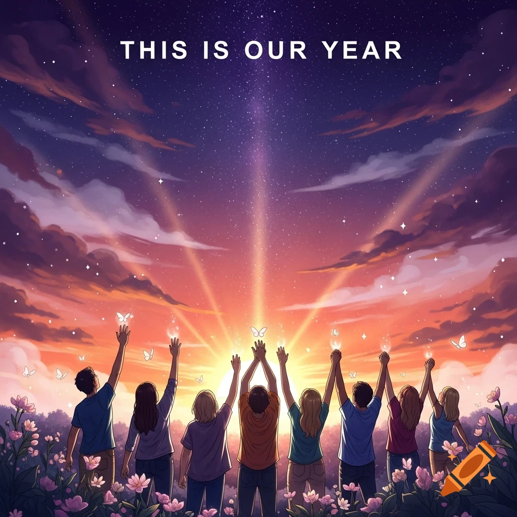 Stylized illustration of a group of people with raised hands facing a vibrant sunrise, surrounded by flowers, with 'THIS IS OUR YEAR' text.