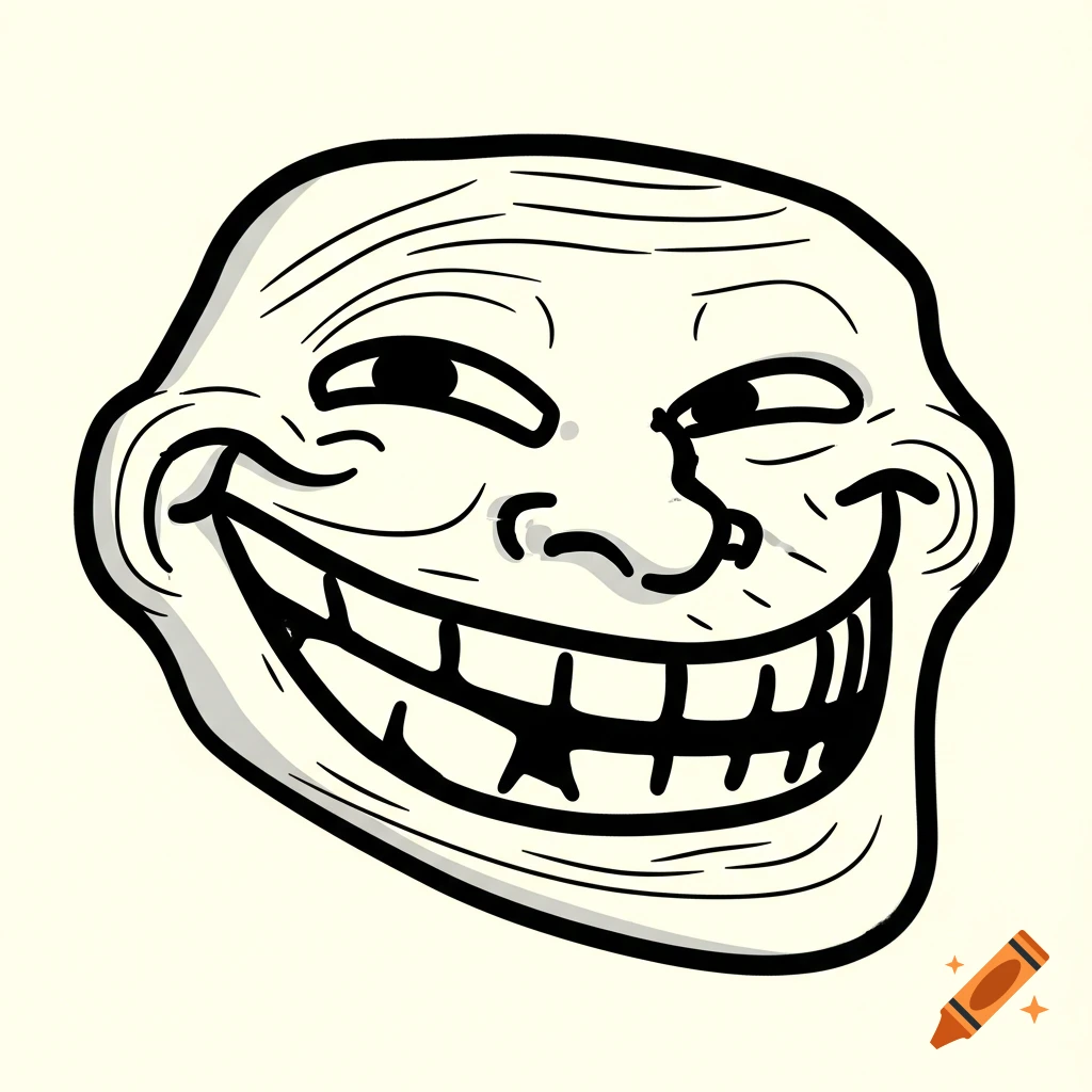 A black and white cartoon drawing of the Troll Face meme, depicting a mischievous, wide-grinning face.