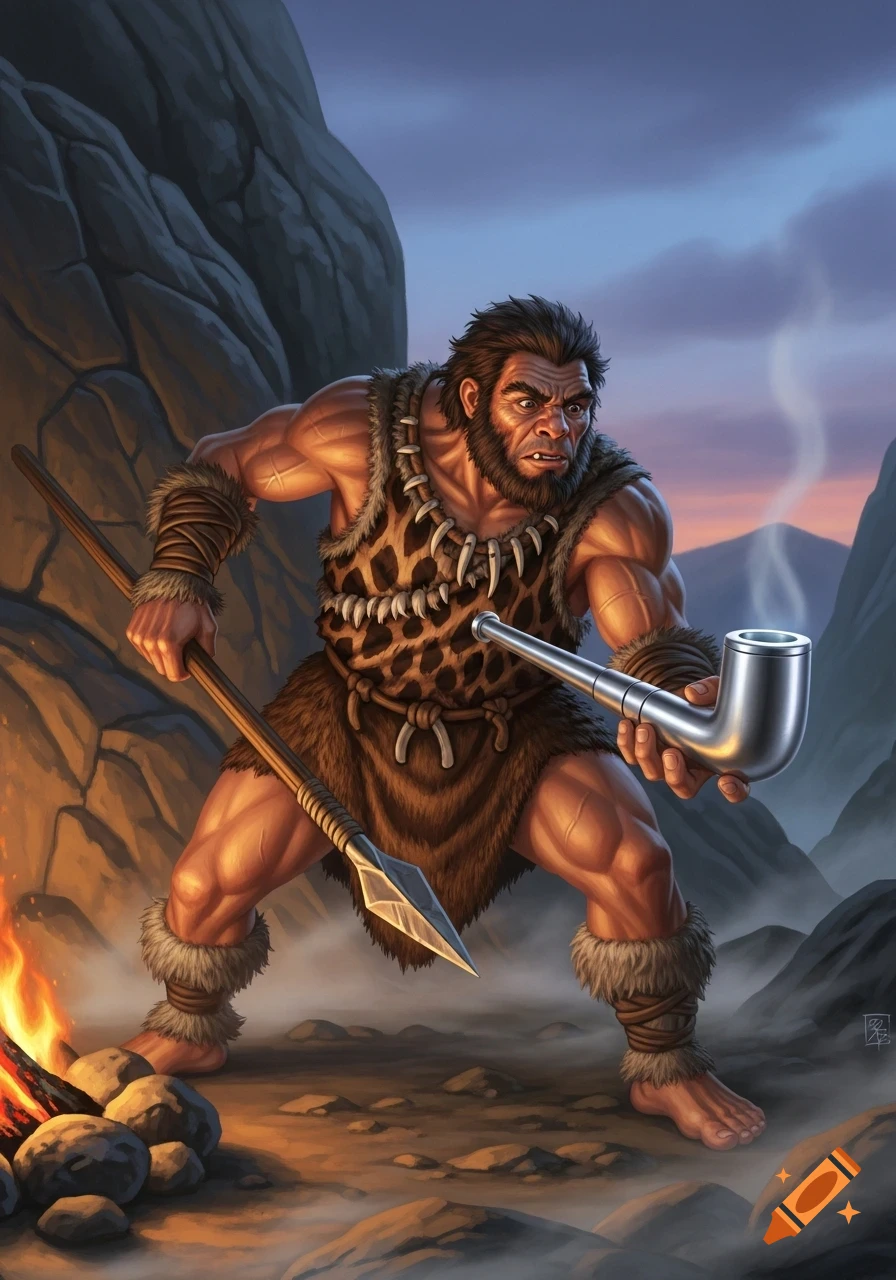 A fierce, muscular caveman with a spear and a shiny metal pipe stands near a small fire in a rocky, mountainous landscape, digital illustration.