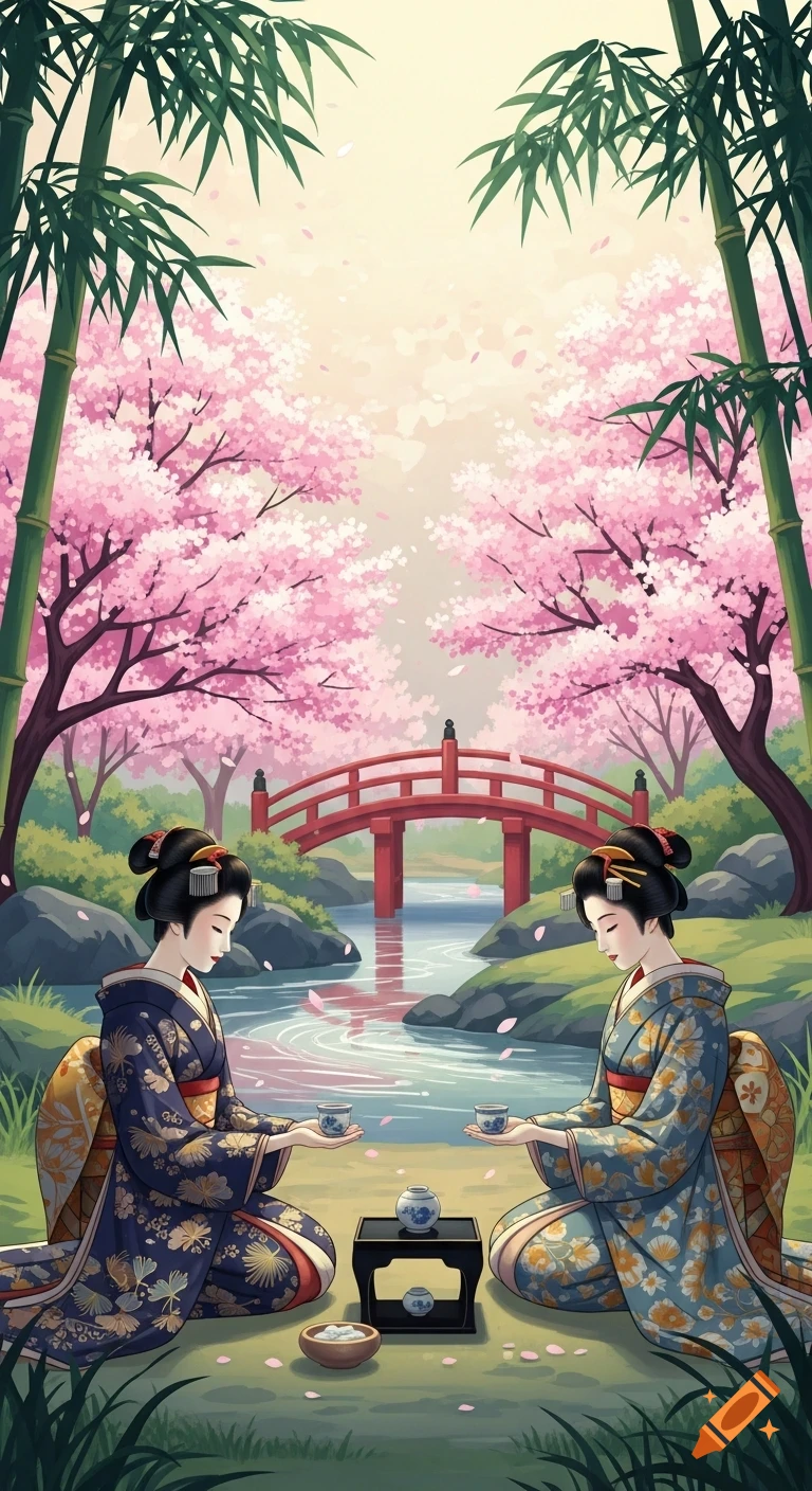 Two geishas kneel for a tea ceremony in a serene Ukiyo-e inspired Japanese garden with blooming cherry trees, bamboo, and a red bridge.
