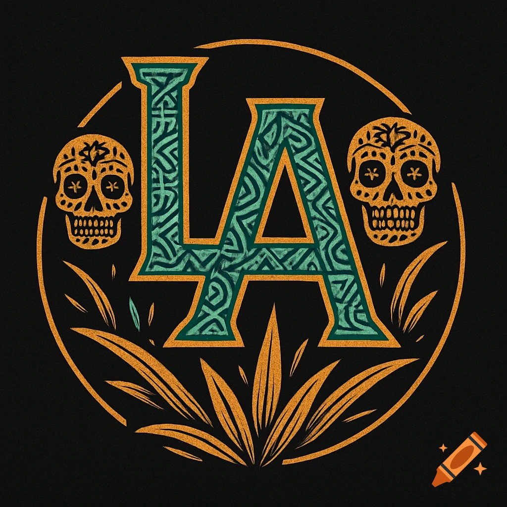 A circular logo featuring stylized green 'LA' letters, flanked by orange sugar skulls and leaves on a black background.