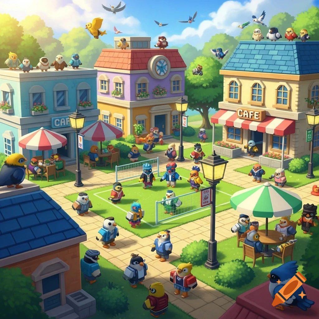 A vibrant, cartoon-style bird town with anthropomorphic birds playing volleyball and relaxing in a cafe, reminiscent of a game.