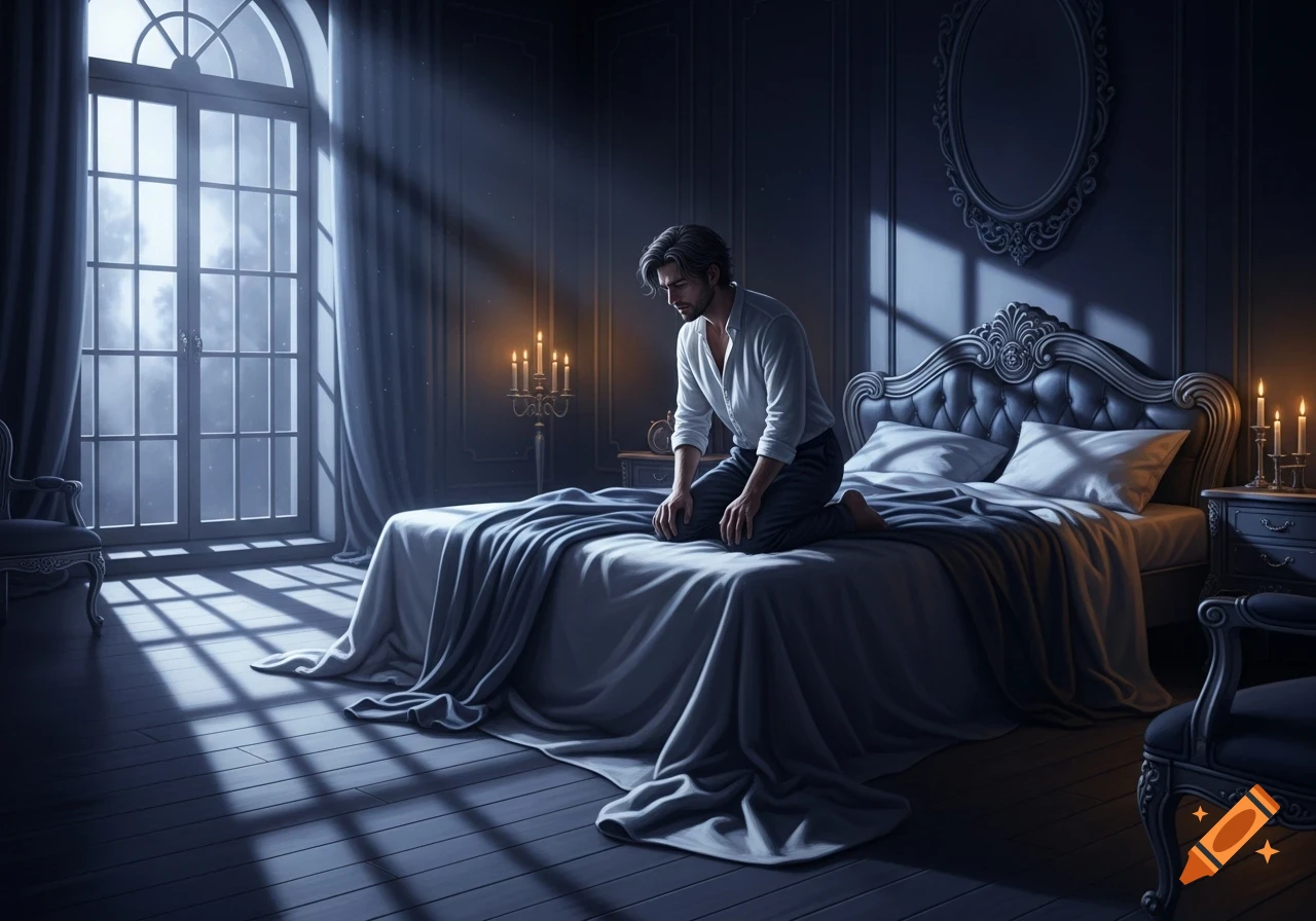 Photorealistic image of a man kneeling on a bed in a dimly lit, luxurious bedroom, bathed in light from a large window.