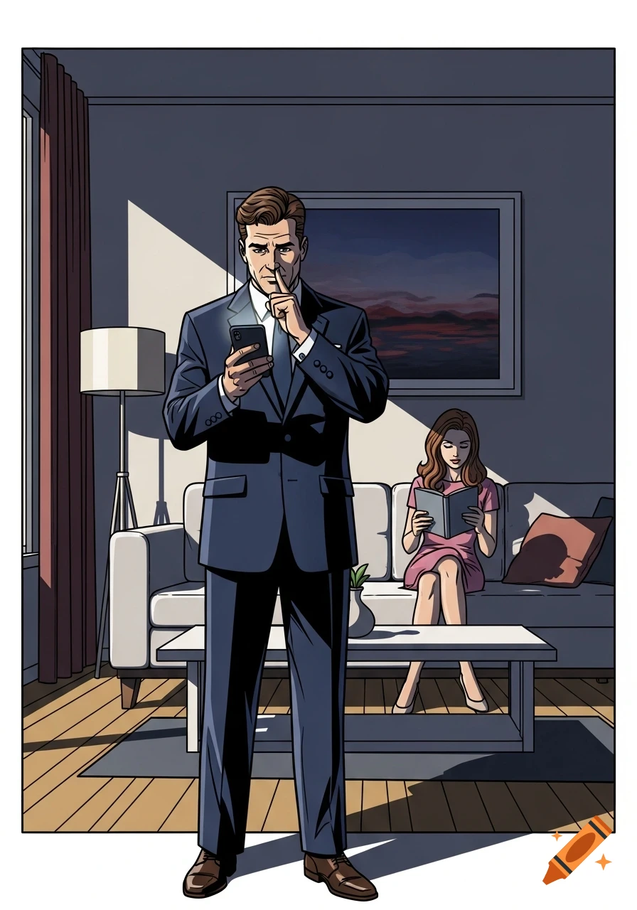 Comic book art of a man in a suit looking at his phone with a shushing gesture, while a woman reads a book on a couch in a dimly lit room.