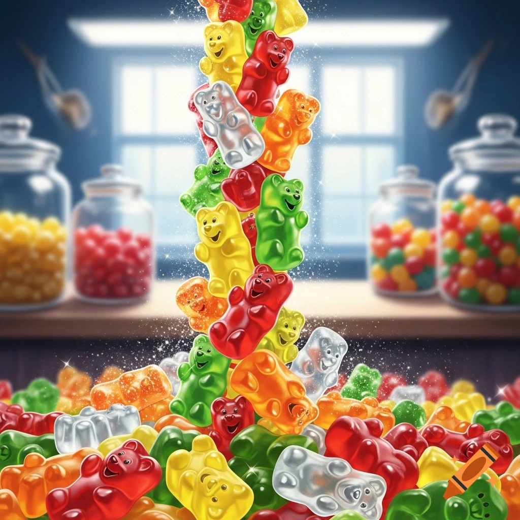 Photorealistic image of many colorful gummy bears falling into a pile on a counter, with blurred jars of candy in the background.