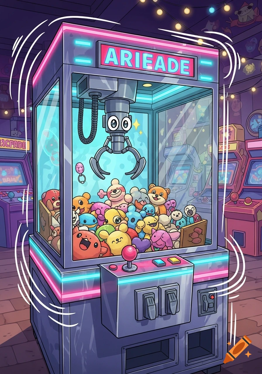 A vibrant cartoon illustration of a claw machine filled with colorful plush toys, featuring a robotic claw and glowing neon lights in an arcade setting.