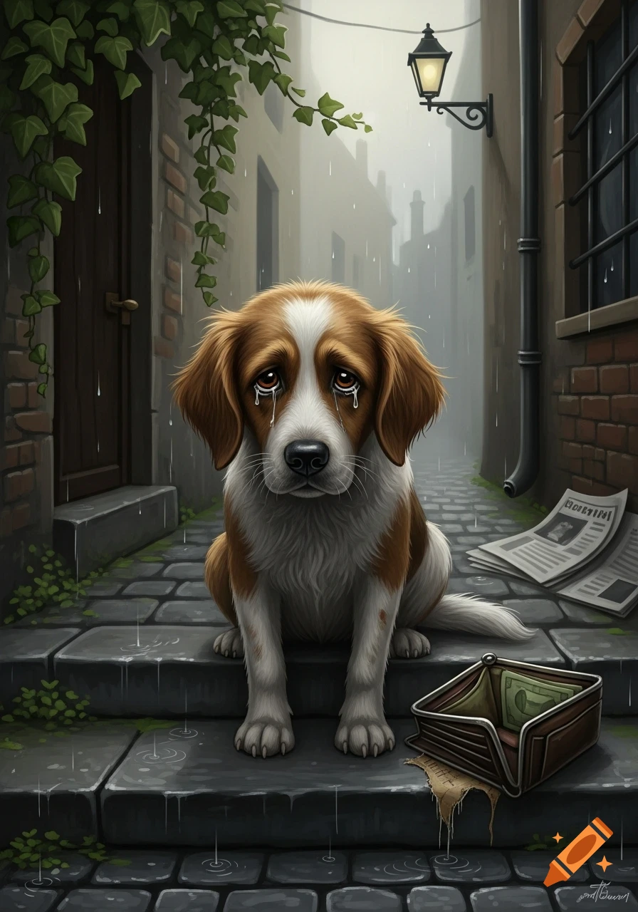 A sad, crying brown and white dog sits on wet cobblestone steps in a rainy alley, next to an empty wallet and newspapers.