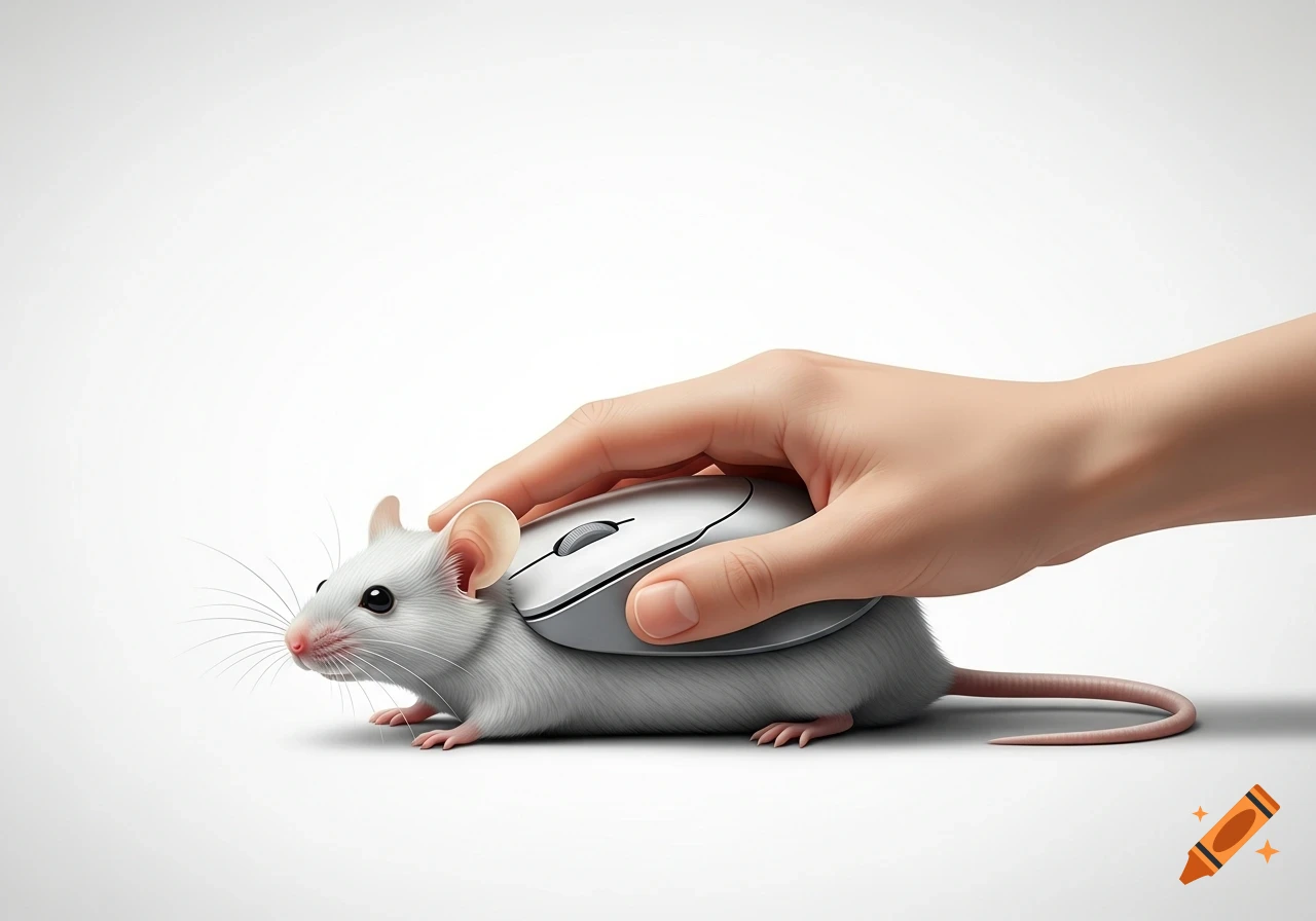 Photorealistic image of a hand using a computer mouse placed on the back of a small white mouse, set against a white void.