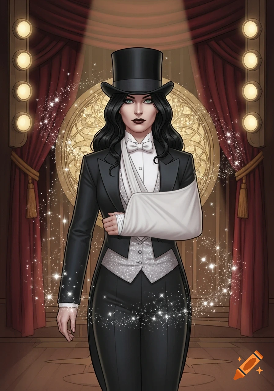 Zatanna, a woman in a black tuxedo, top hat, and white arm sling, stands on a stage with red curtains and a golden window in comic book art.