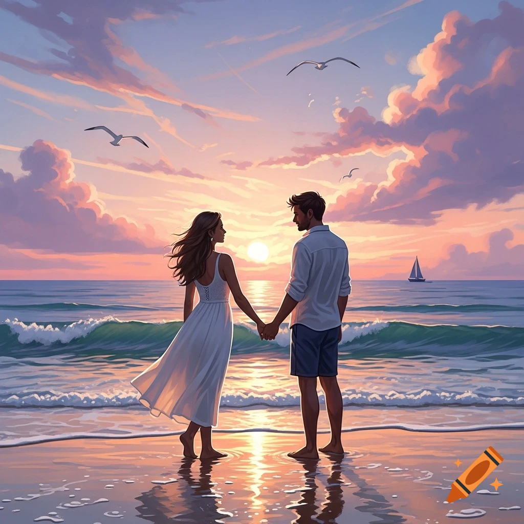 A man and a woman hold hands on a beach at sunset, with waves, seagulls, and a sailboat. Digital art.