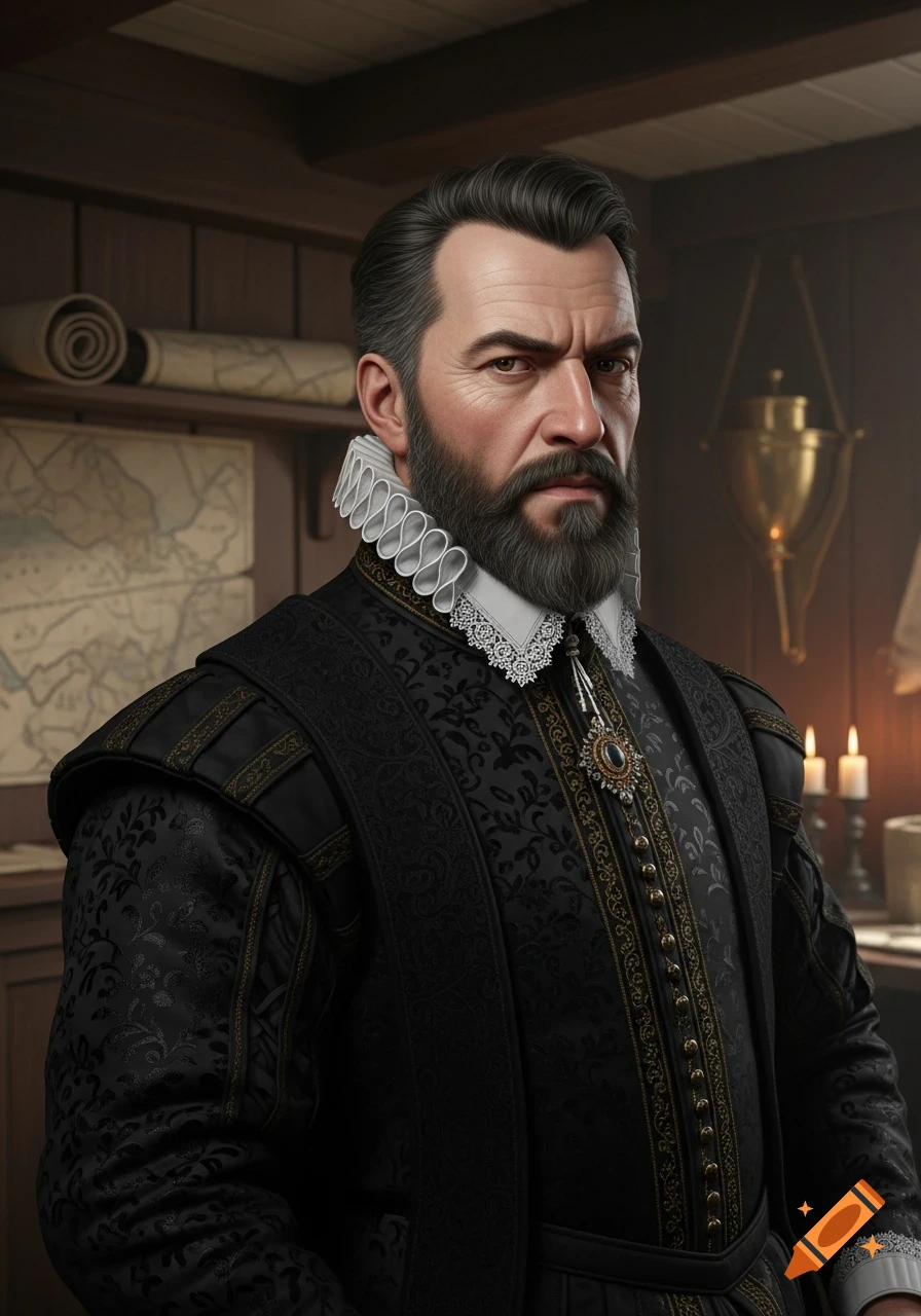 Portrait of a bearded man in 16th-century Elizabethan black attire with a ruff collar, in a dimly lit study with maps.