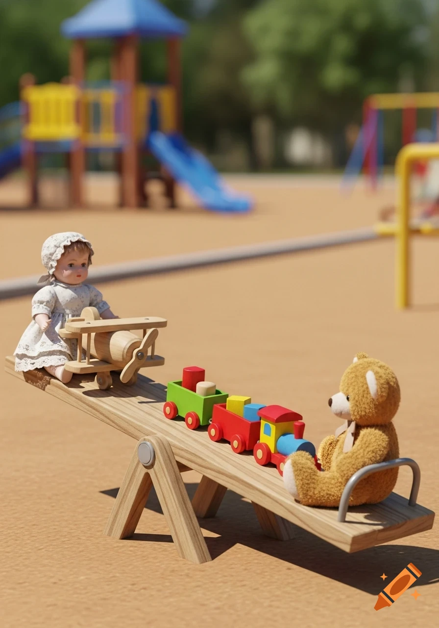 A doll with a wooden airplane and a teddy bear with a wooden train are balanced on a seesaw in a sunny playground. 3D render.