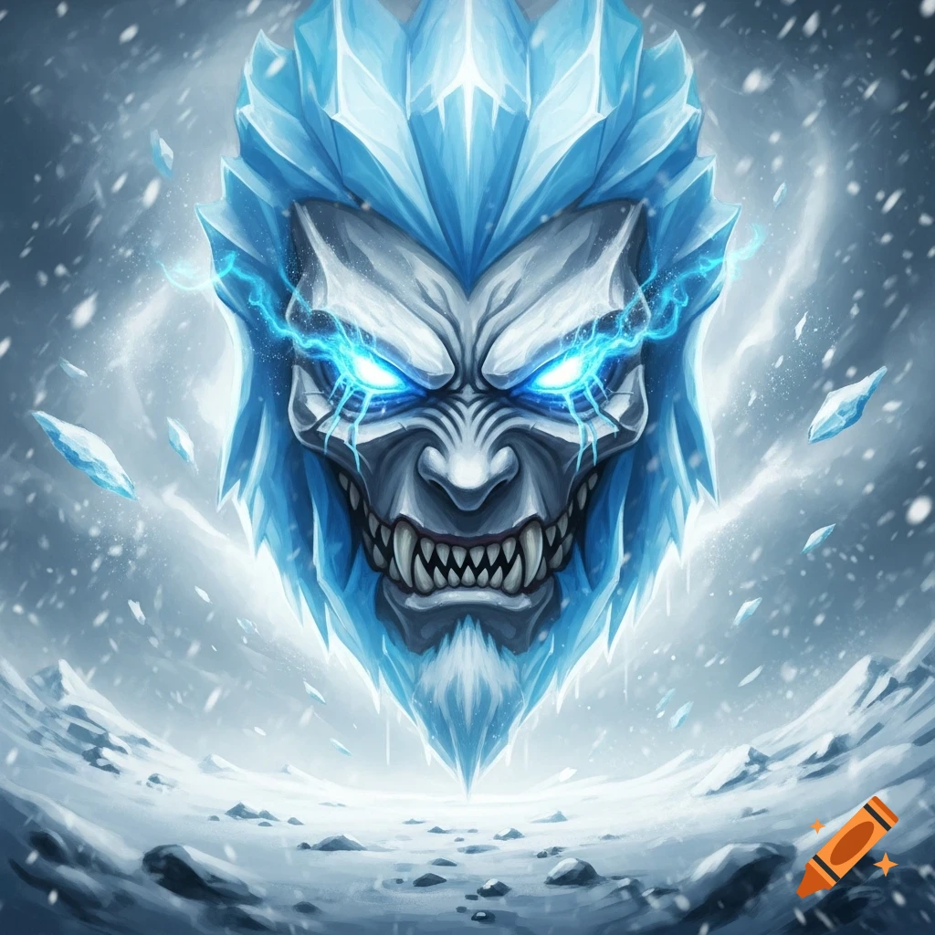 A menacing blue and white ice beast face with glowing blue eyes and sharp teeth, set against a snowy, stormy background.