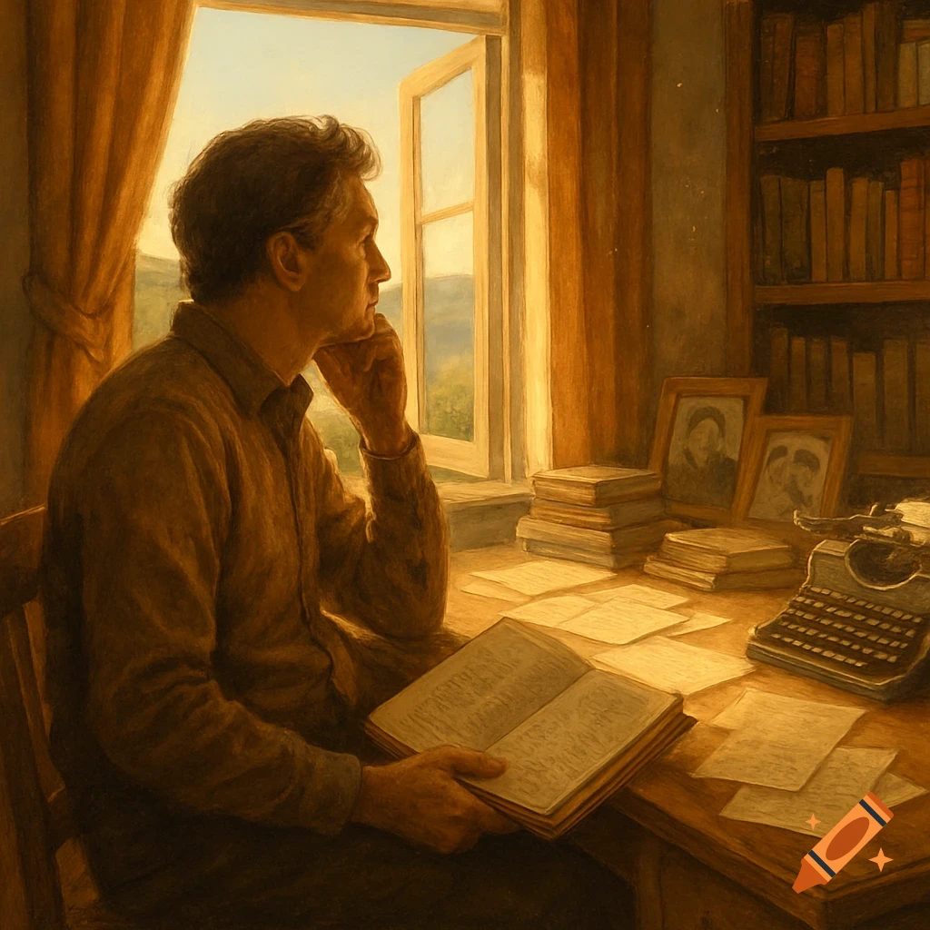 A man looking out a sunlit window, holding a book at a desk with a typewriter, in a warm painterly style.