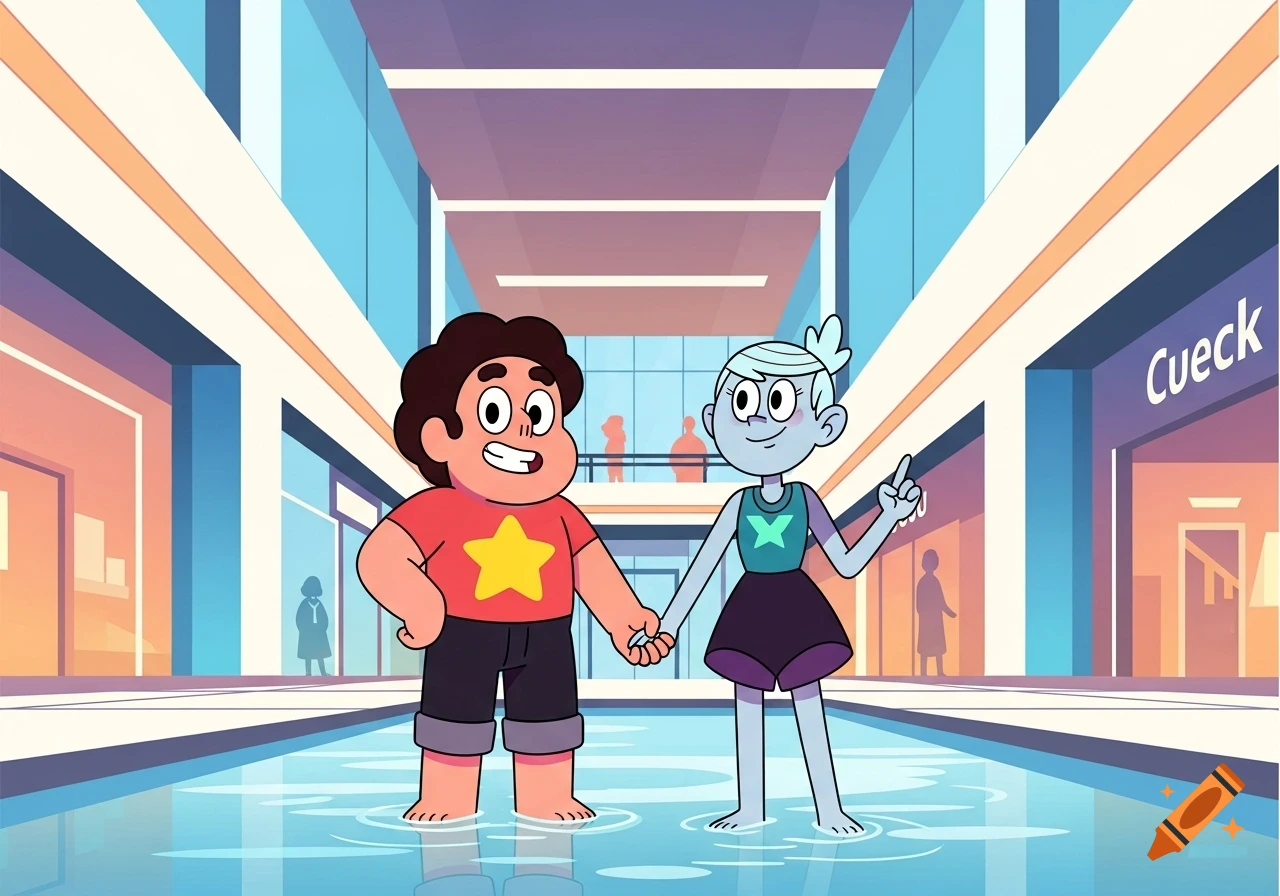 Steven Universe and a girl hold hands in a shallow pool inside a brightly lit shopping mall in a cartoon style.
