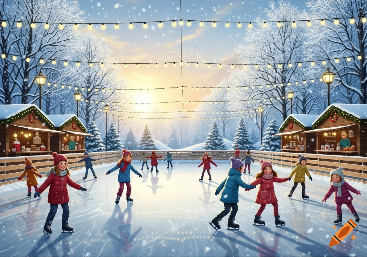 Children ice skate on an outdoor rink lined with festive stalls under strings of lights and falling snow at sunset.