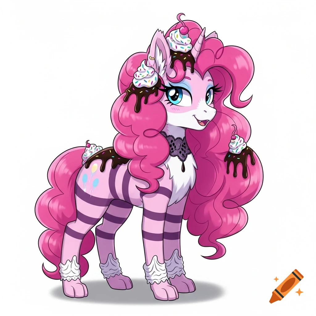 A pink dessert-themed pony with chocolate-drizzled pink mane, cupcakes, and striped body, in an anime art style.