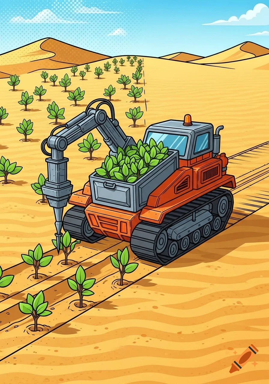 Graphic cartoon of an orange tracked vehicle planting green seedlings in rows across a sandy desert landscape under a blue sky.