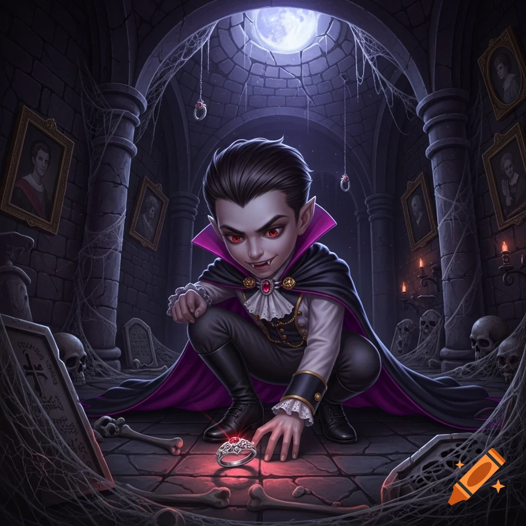 A cartoon vampire boy with red eyes and fangs crouches in a dark crypt, reaching for a glowing ruby ring amidst bones.