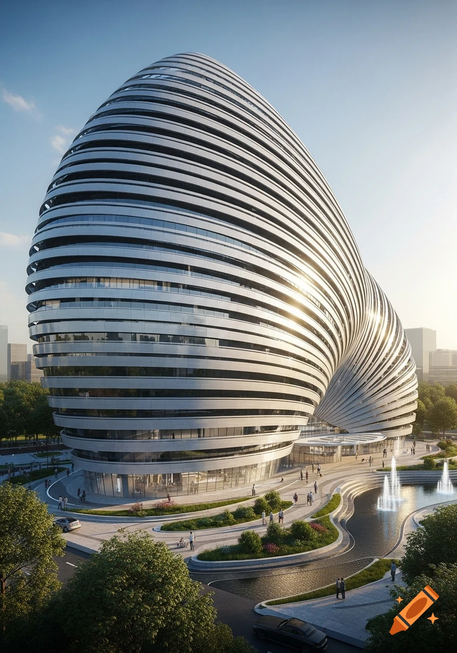 Photorealistic image of a futuristic, wave-shaped white building with horizontal bands, surrounded by trees, people, and fountains.