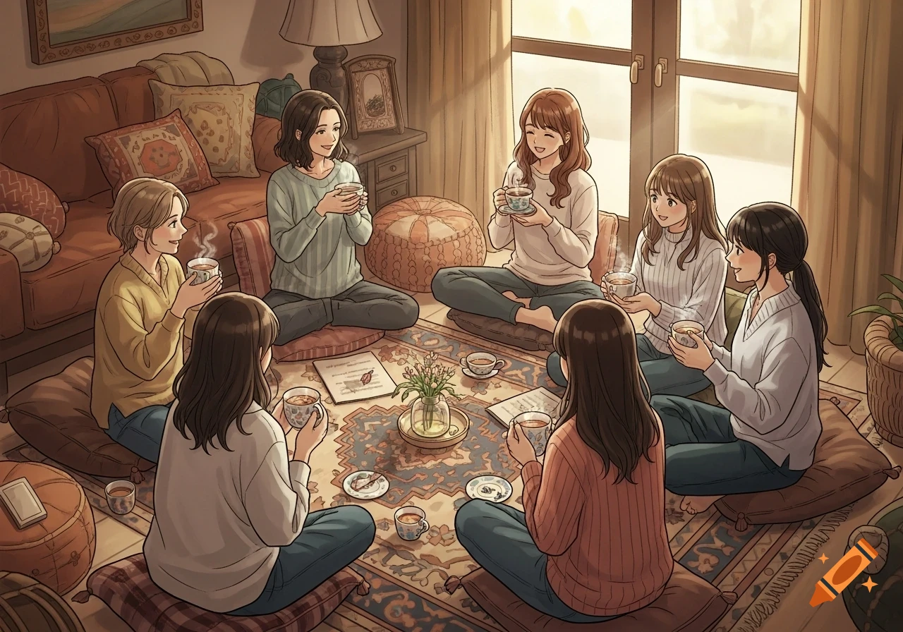 Six anime-style women sitting in a circle on a rug, drinking tea in a cozy living room, bathed in warm light.