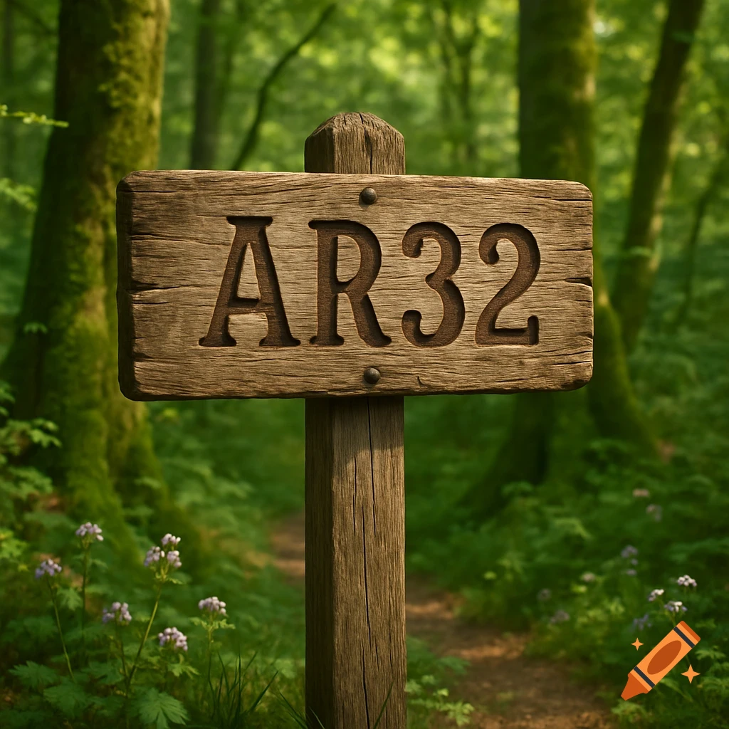 A photorealistic wooden trail sign with 'AR32' carved into it stands in a lush green forest with a path leading into the background.