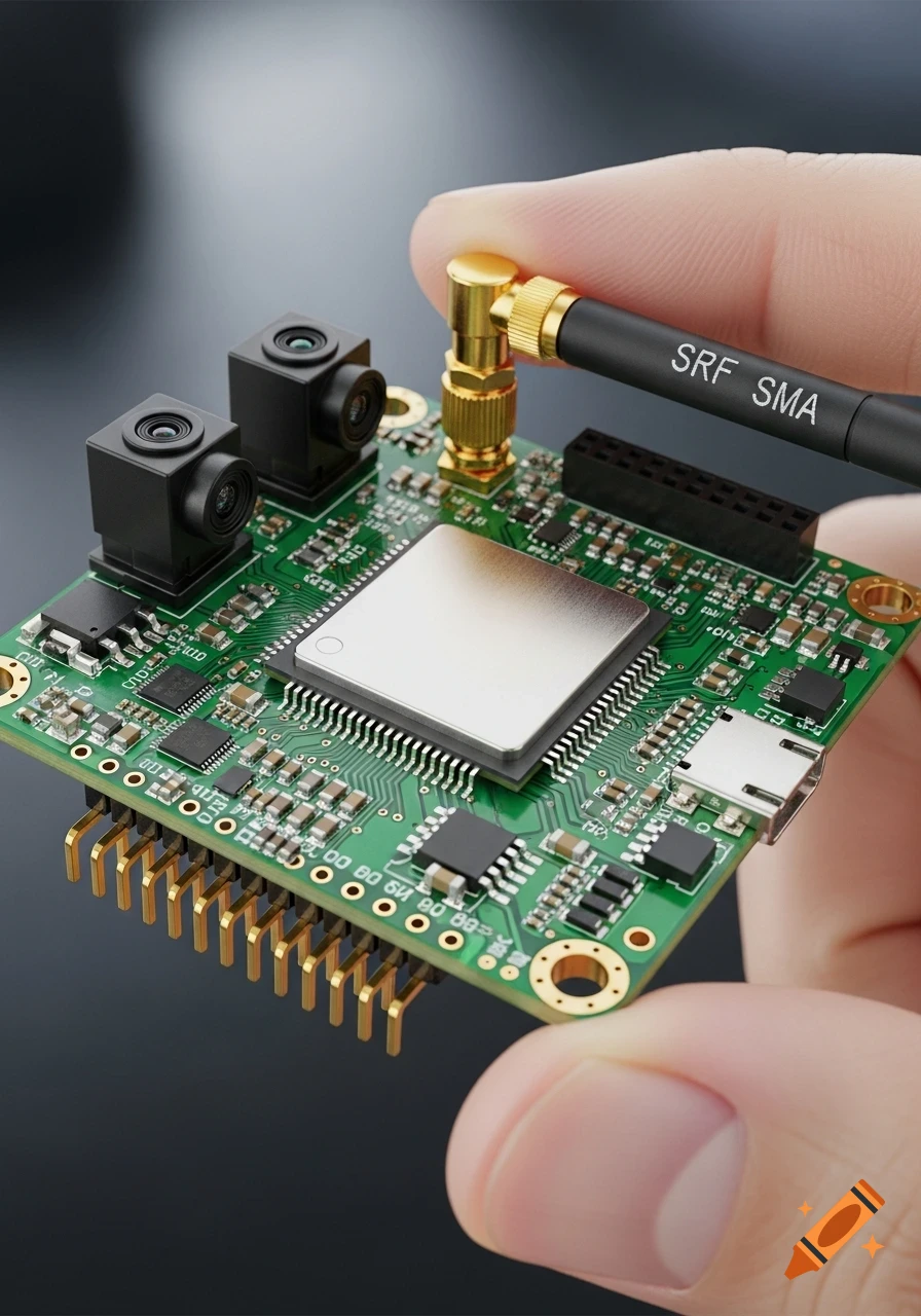 A person's hand holding a green single-board computer module with two ...