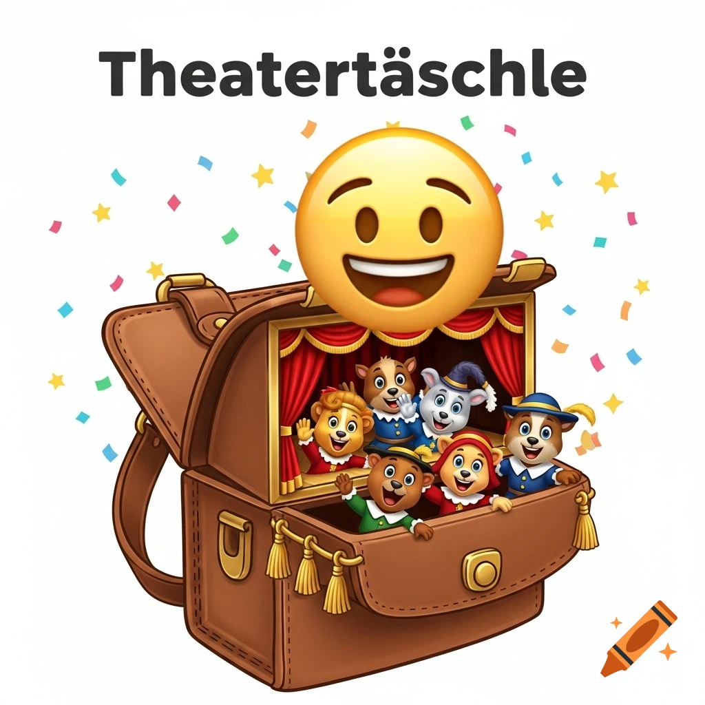 Cartoon of a brown satchel with a stage inside, featuring cheerful animal characters and a large grinning emoji. Confetti and text 'Theatertäschle'.