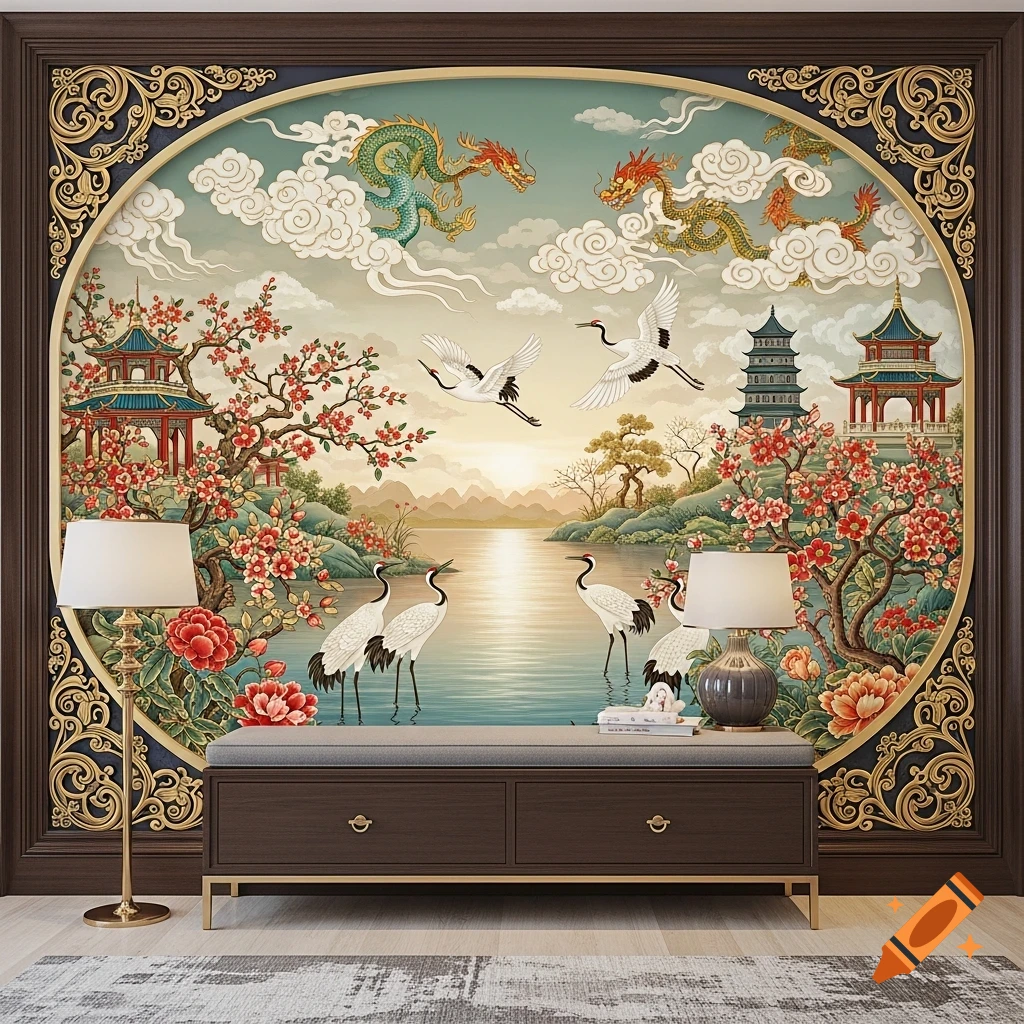 A Chinoiserie wall mural depicts dragons, cranes, pagodas, and cherry blossoms over a lake at sunrise, above a wooden bench with lamps.