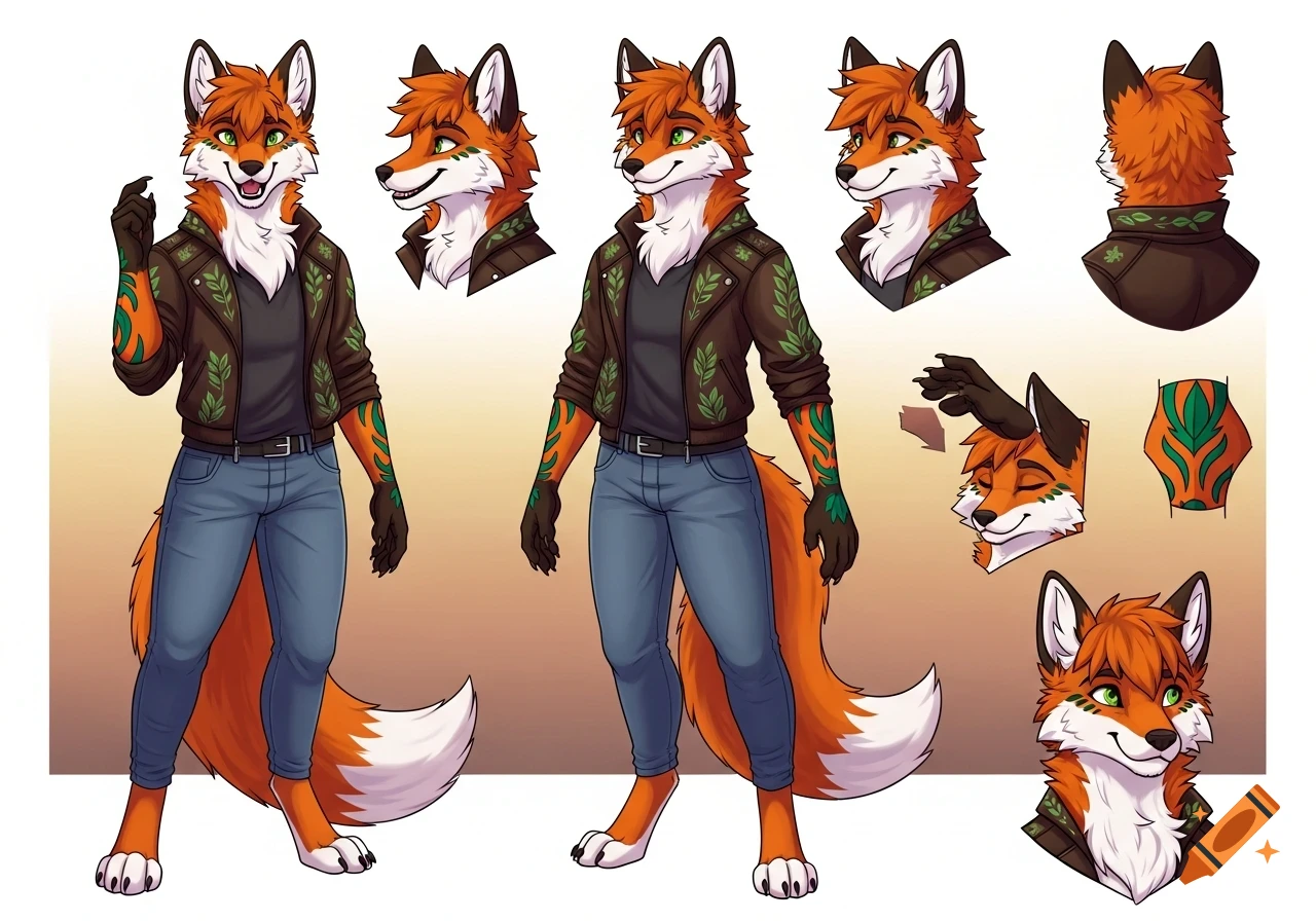 Illustrated reference sheet of an anthropomorphic orange fox in a brown leaf-patterned jacket and blue jeans, with multiple poses and headshots.