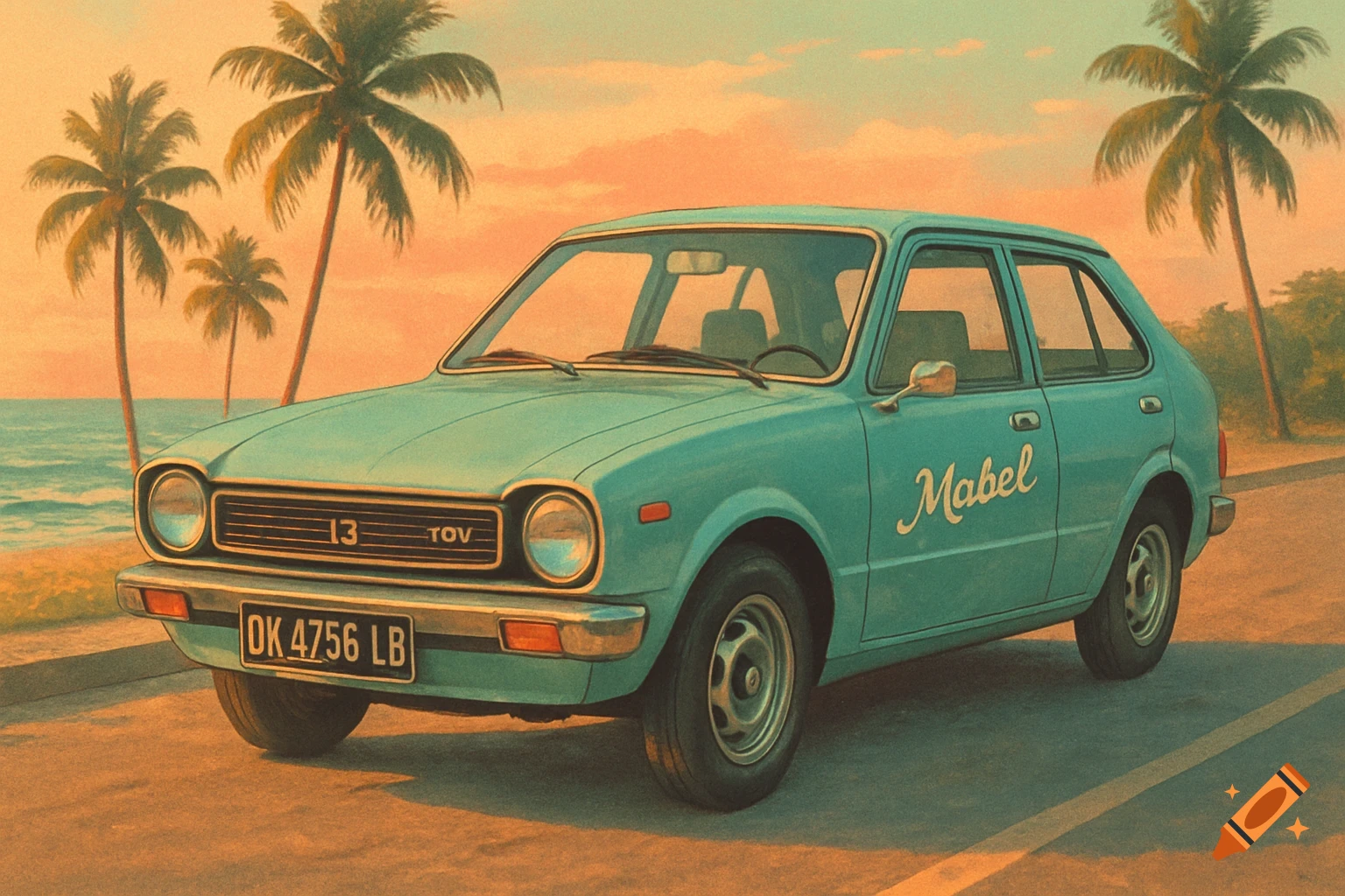 A light blue vintage hatchback car parked on a road next to a beach with palm trees under a sunset sky.