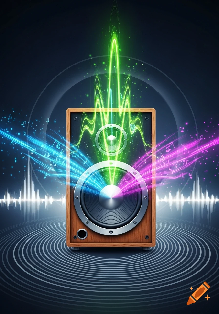 A wooden loudspeaker emits vibrant green, blue, and pink sound waves with musical notes against a dark background.