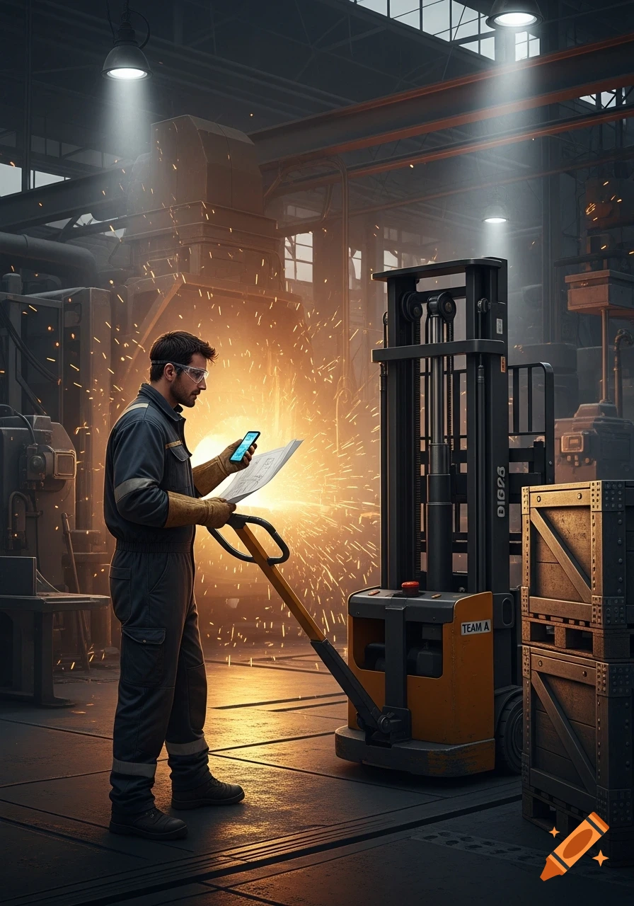 A man in safety glasses and a uniform holds a phone and blueprint next to a pallet jack in a sparking metallurgy workshop.