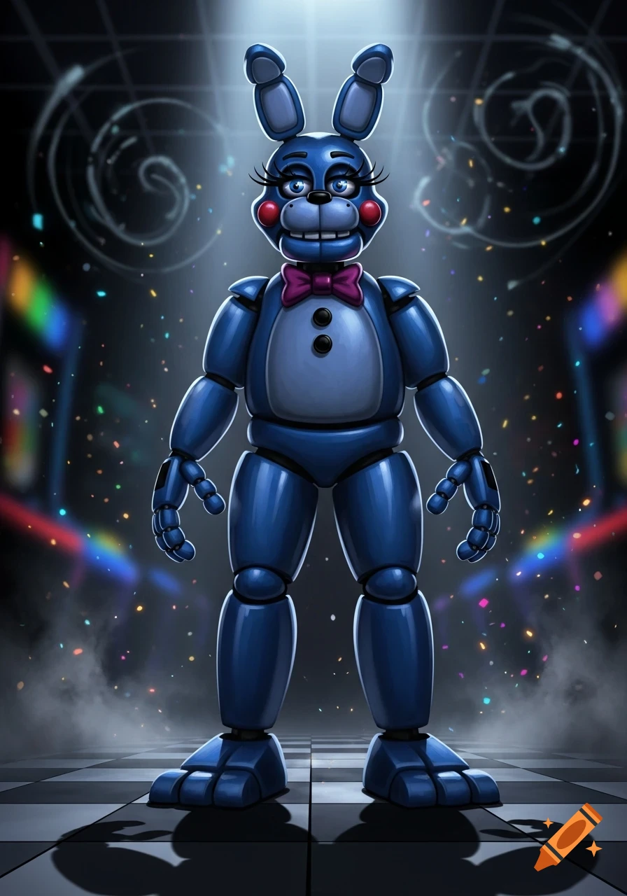 A blue animatronic rabbit with large eyelashes and a pink bow tie stands on a checkerboard floor amid falling confetti.