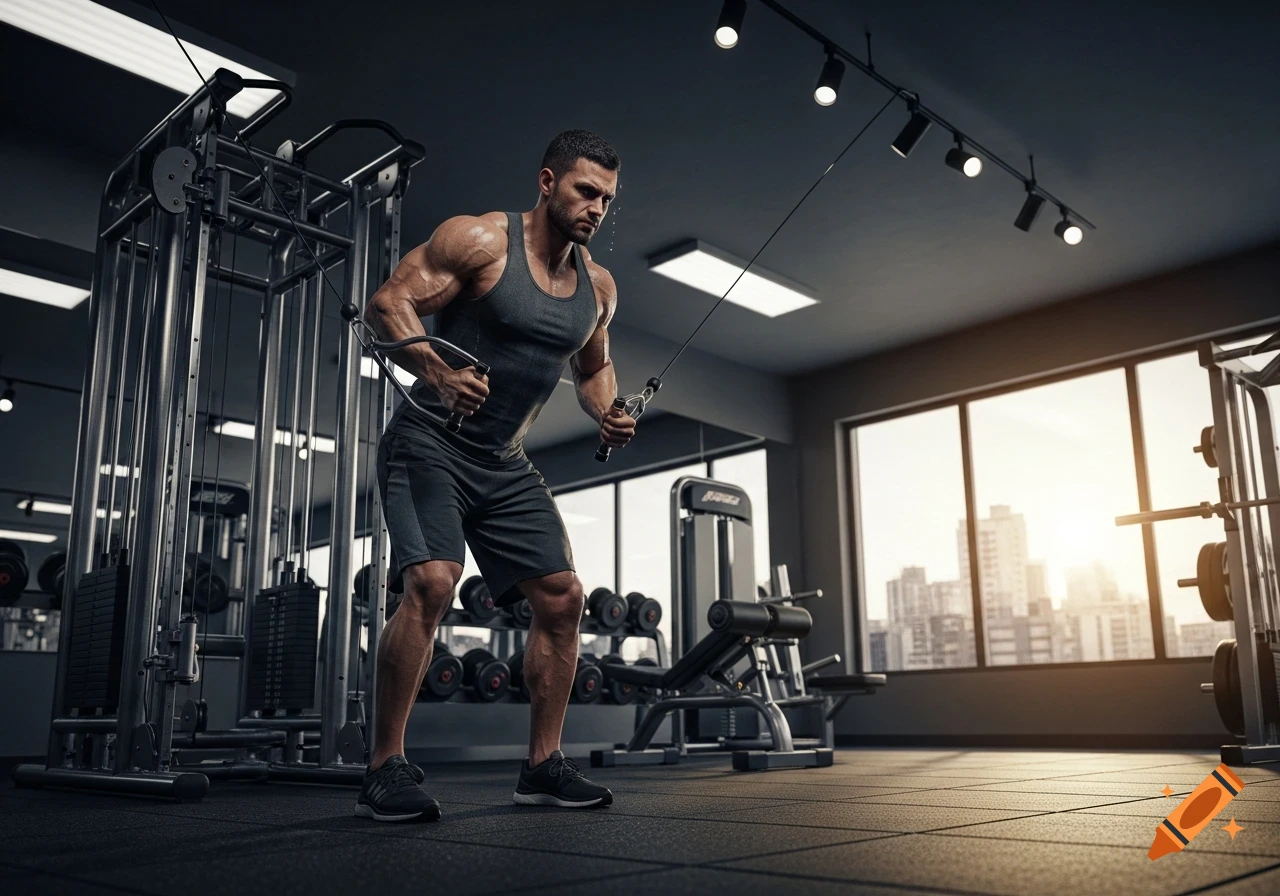 A muscular man performing a cable workout in a modern gym with large windows overlooking a city skyline at sunset.