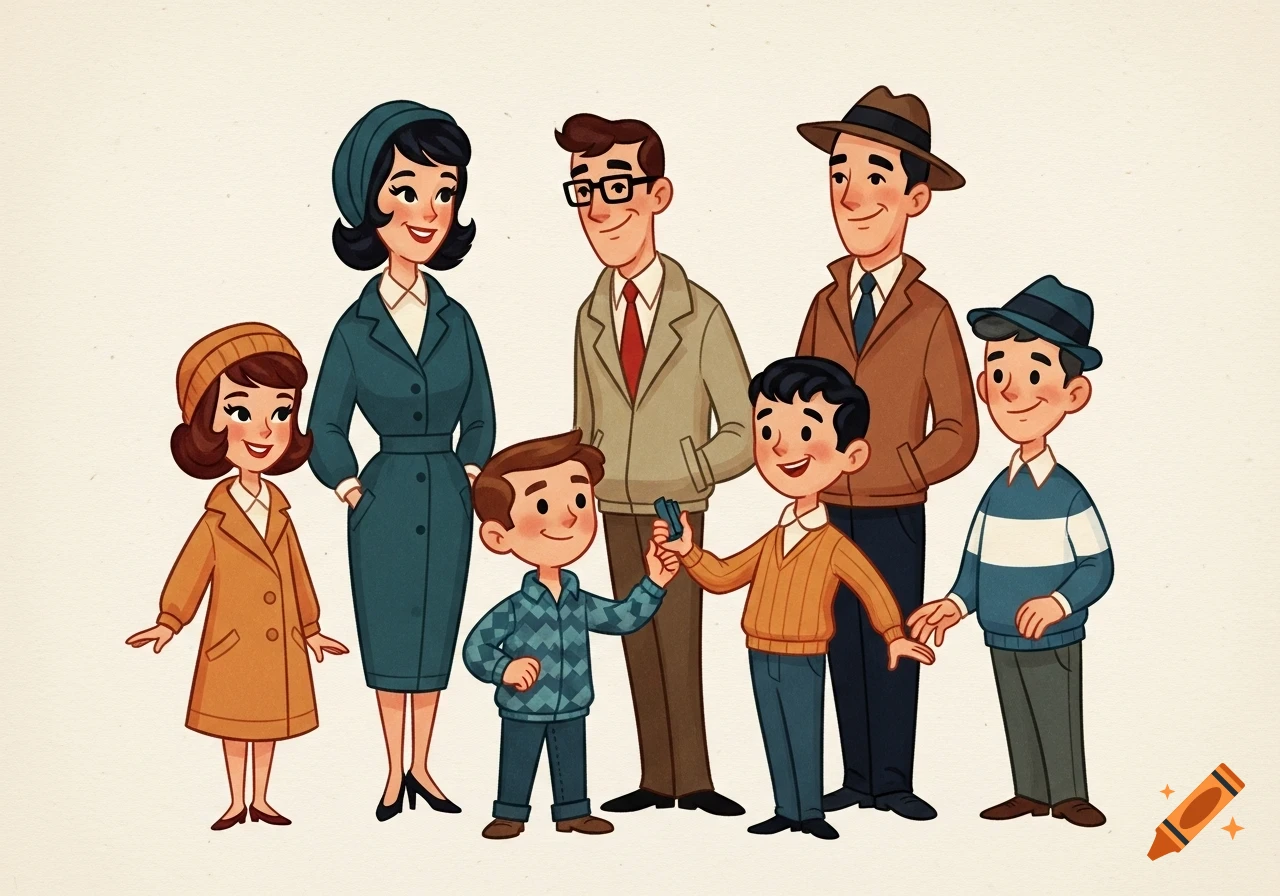 A vintage 1950s-style cartoon illustration of a diverse family of six, including adults and children, smiling on a light background.