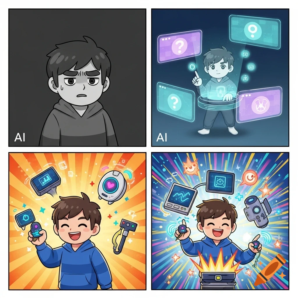 A four-panel comic strip shows a boy's emotional journey with AI. First, he looks worried in grayscale. Then, he interacts with holographic AI interfaces. Finally, he's joyfully surrounded by colorful, glowing tech in vibrant scenes.