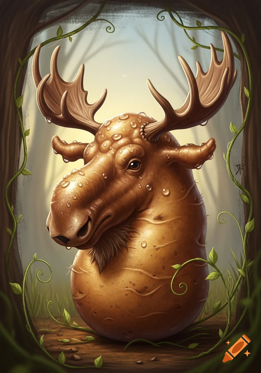 A whimsical potato-moose hybrid with antlers and water droplets, framed by green vines in a forest.