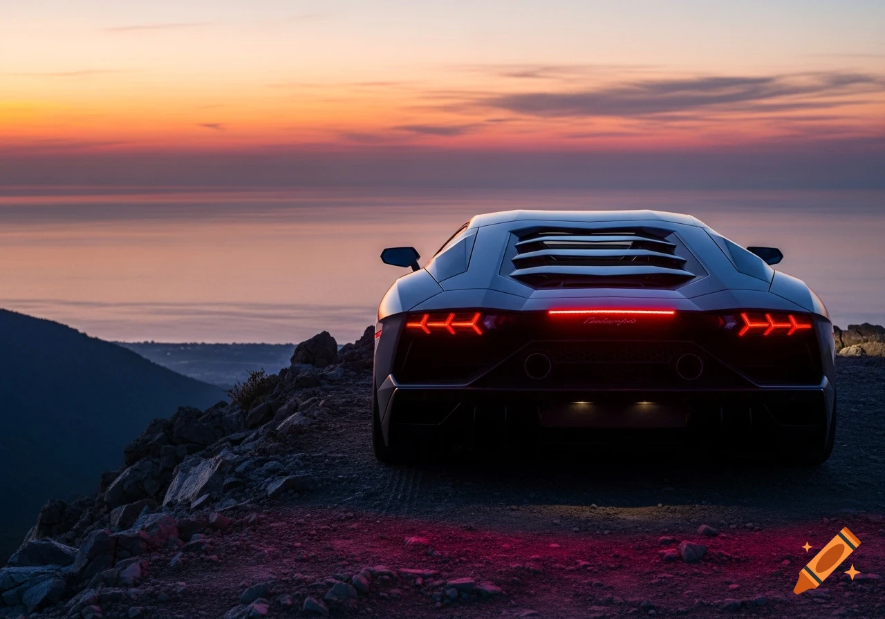 A black Lamborghini sports car with illuminated red taillights parked on a rocky mountain edge overlooking the ocean at a vibrant sunset.