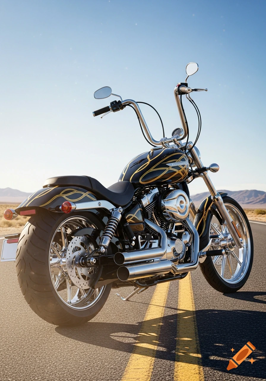 A photorealistic image of a black cruiser-style motorcycle with gold trim and chopper handlebars parked on an asphalt road with double yellow lines, under a clear blue sky.