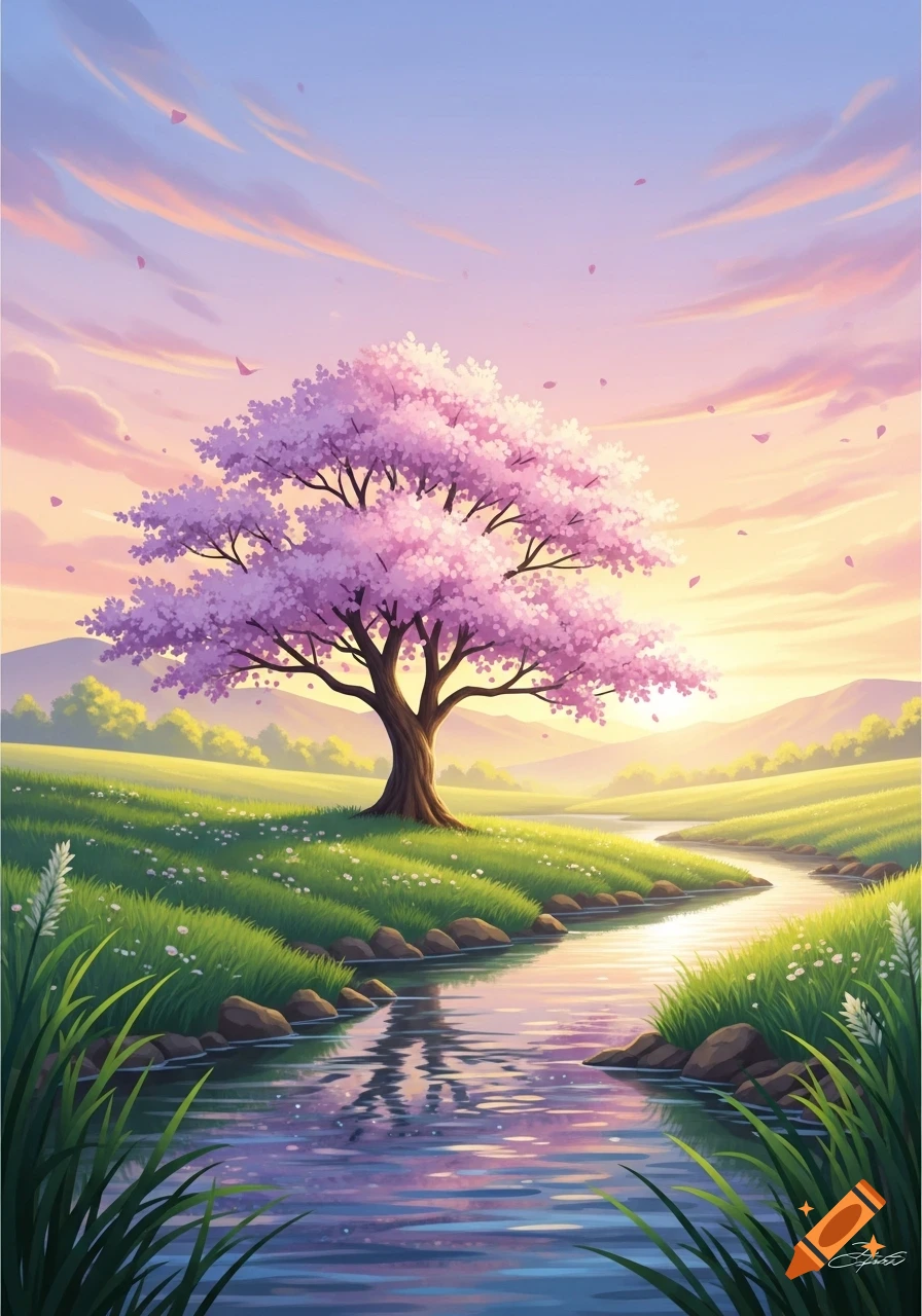 A vibrant anime-style landscape with a pink cherry blossom tree beside a winding stream under a colorful sunset sky.