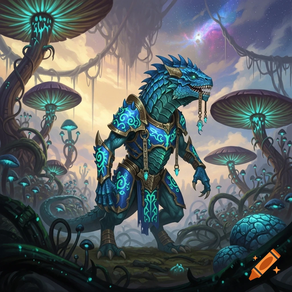 A blue reptilian warrior in ornate armor stands in a glowing alien mushroom forest, with a cosmic sky above.