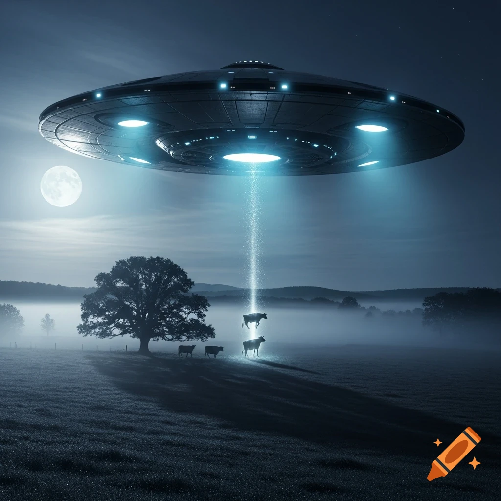A UFO abducts a cow with a beam of light over a misty field at night under a full moon.
