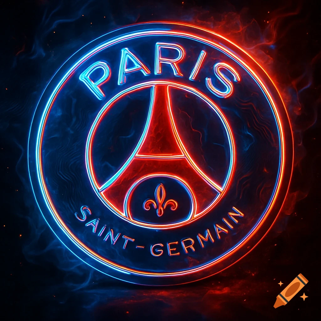 Neon blue and red Paris Saint-Germain logo glowing against a dark, smoky background.