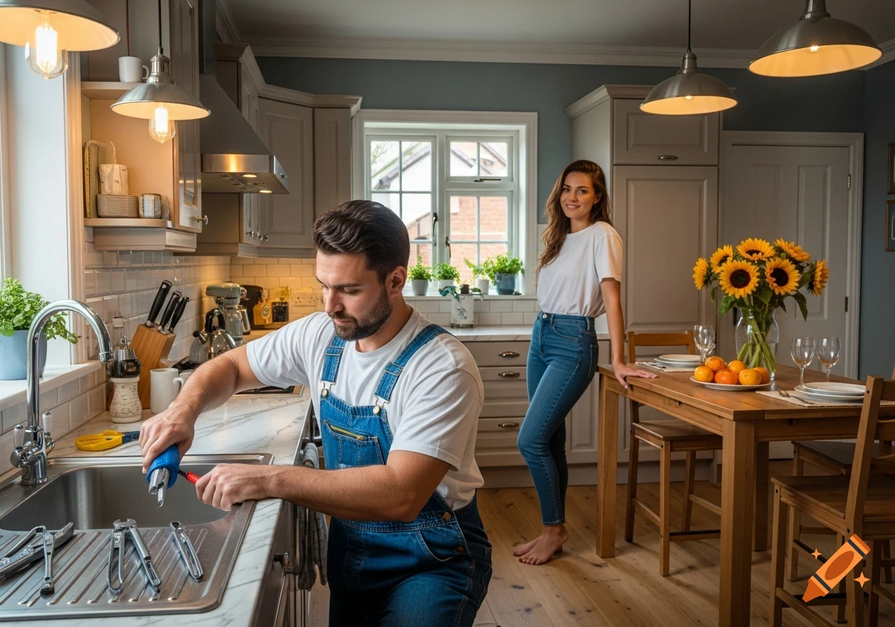 A man in denim overalls fixes a kitchen sink while a woman in jeans and a white t-shirt stands by a dining table with sunflowers.