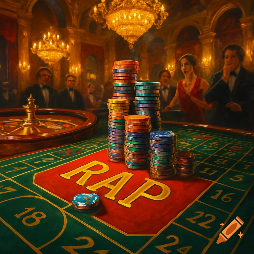 A painting of a luxurious casino with a roulette table, piles of colorful chips, and blurred figures in the background. The table has 'RAP' written on it.