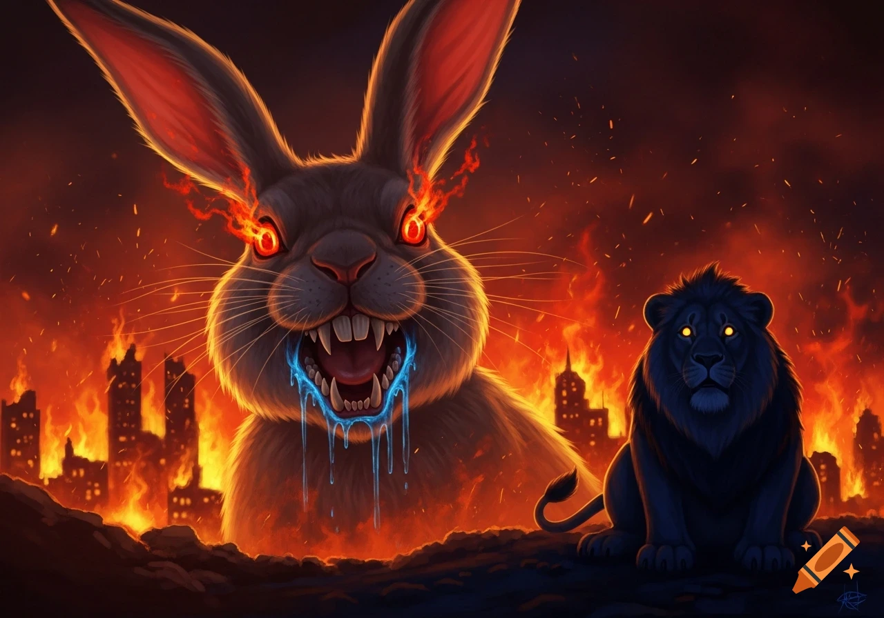 A giant rabbit with glowing red eyes, sharp teeth, and blue drool ...